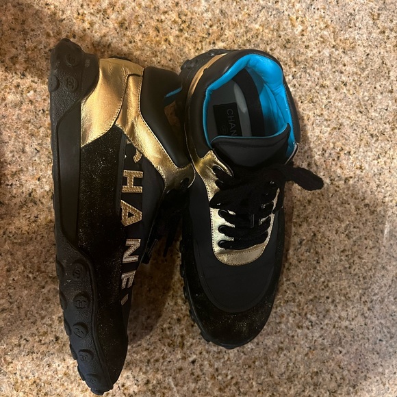 black, gold, and teal chanel sneakers - Picture 2 of 5